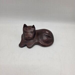 Vintage Hand Carved Wooden Cat Figurine Small Resting Kitty Statue Wood Decor